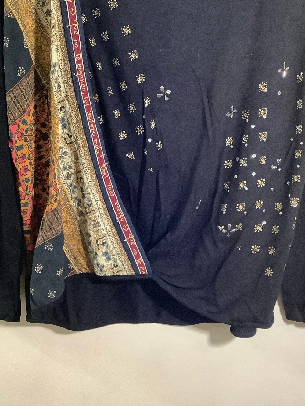Desigual Black Long-Sleeve Mixed-Print Top with Gold Accents